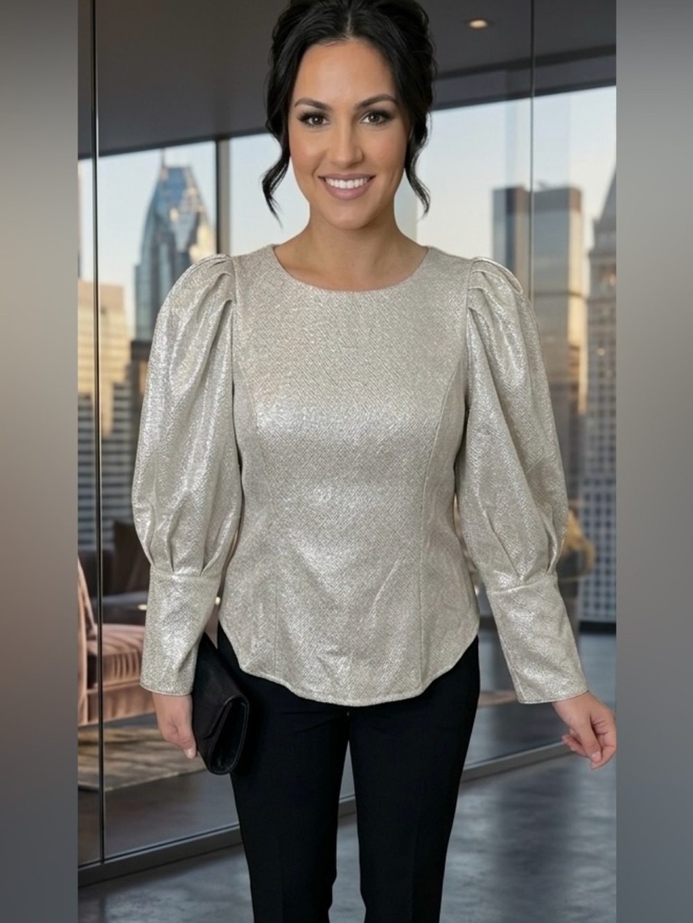 NWOT Gracia Metallic Sparkly Silver Puff Sleeve Blouse Top S